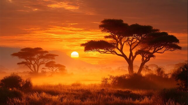 Sunset in Savannah: A majestic scene unfolds as the sun dips below the horizon, painting the savanna in warm hues and casting long shadows across the landscape. Serene environment with trees.
