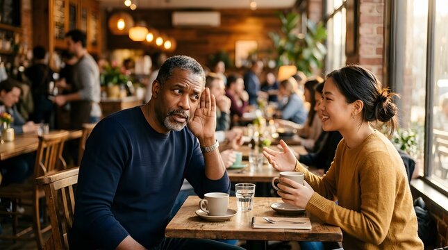 Senior Black man cupping ear struggling to hear conversation with young woman in noisy crowded cafe