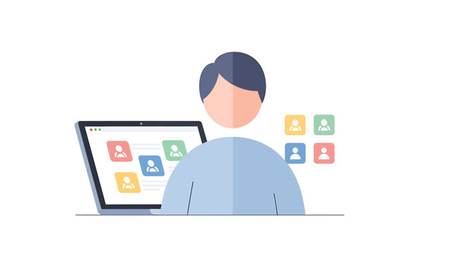 Person using laptop with social media icons concept communication