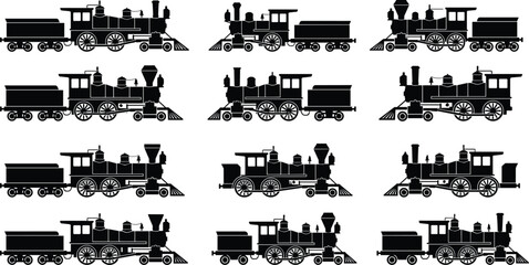 Fototapeta premium Vintage steam train silhouettes set with locomotives and wagons, classic railway transport collection isolated black design for retro travel and industrial illustration use