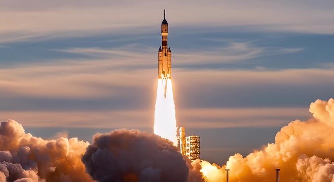 Rocket launch ascending through atmosphere dramatic uplift