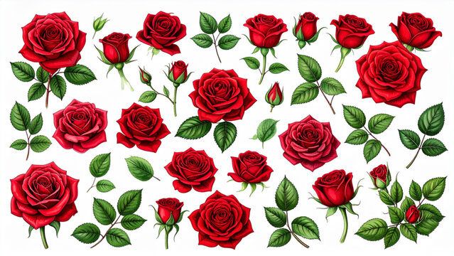 Hand Drawn Red Rose Floral Collection with Colorful Botanical Elements