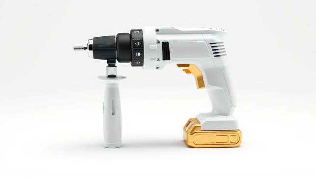 White power drill with gold battery pack. Tool rests on light surface. Simple studio shot, clean presentation.