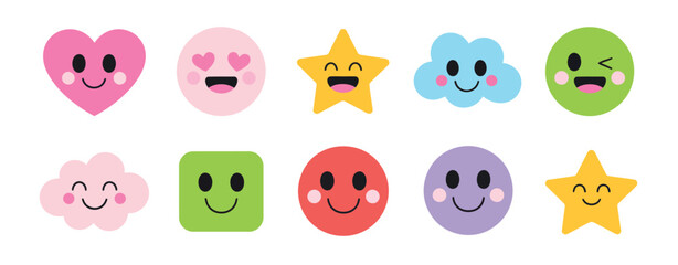 Smile emoji doodle vector cute kid style hand drawn emoticon faces with happy sad moods heart star flower elements for sticker pack and fun design