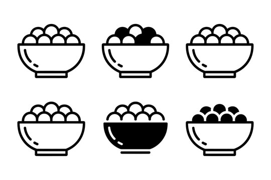 Vector of six bowls filled with various colored dumplings in a symmetrical arrangement