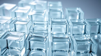 Fototapeta premium Clear glass cubes arranged closely. Light reflects, creating cool tones, depth. Minimalist composition, modern aesthetic.
