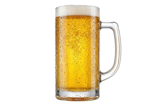 isolated frosty large straight glass beer mug with golden lager on transparent background