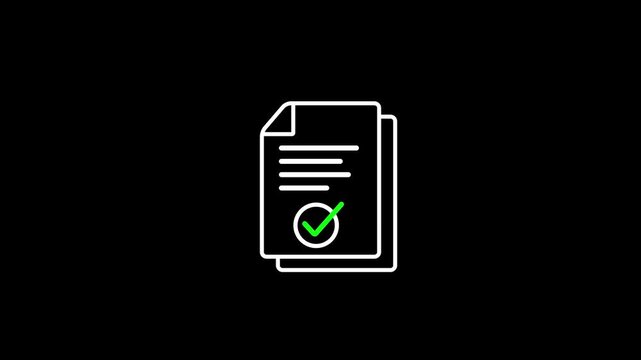 Document Approval Animation with Green Checkmark Icon on Black Background, Concept of Business Agreement, Certified Contract, Legal Success, and Task Completion Motion Graphics.
