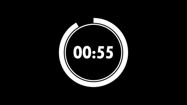 One Minute timer countdown with alpha channel. Transparent background 