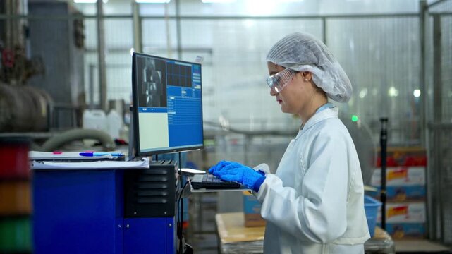 The production supervisor is inspecting and controlling the operation of packaging line of the canned fish processing plant