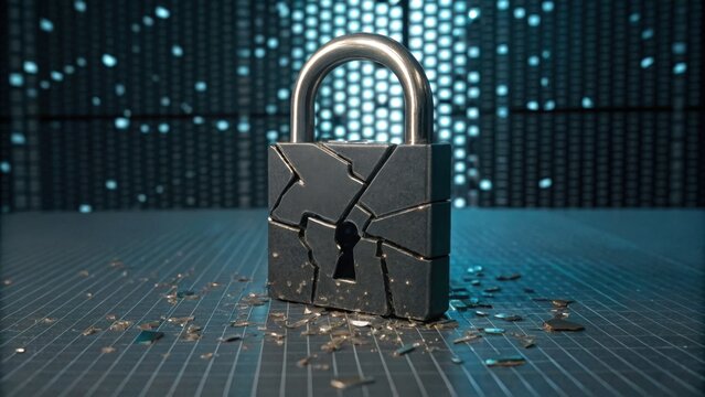 A black padlock with visible cracks rests on a digital surface, symbolizing security breach or vulnerability in cybersecurity.
