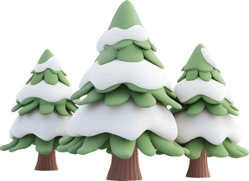 a cute cartoon pine tree with snow on it, standing next to the other pine trees in winter