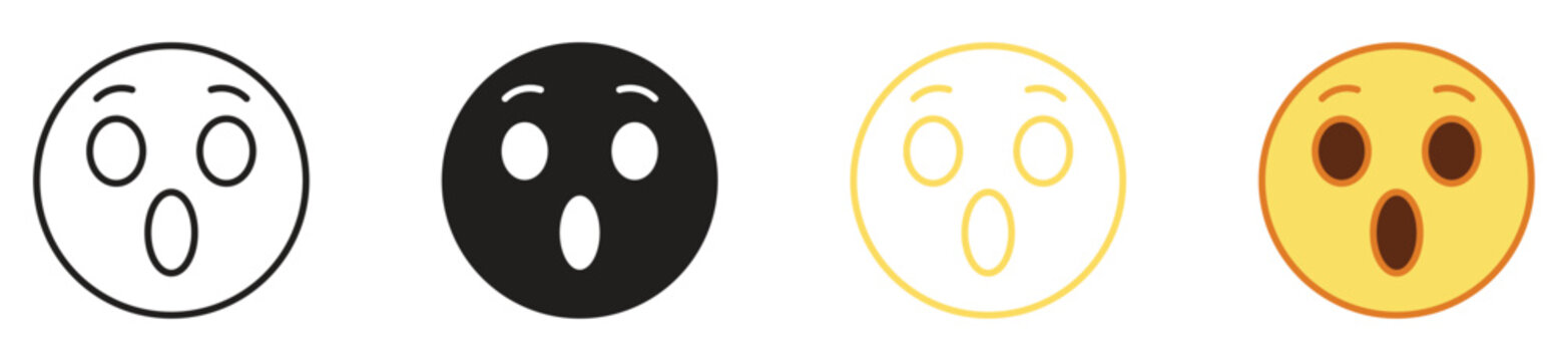 Wow emoji face icon set. Shocked wow emoticon with open mouth, vector illustration.
