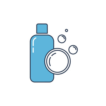 Bottle with soap bubbles floating nearby.