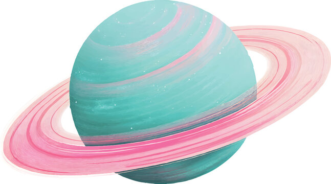 a cute pastel illustration of the planet saturn in shades of pink and teal