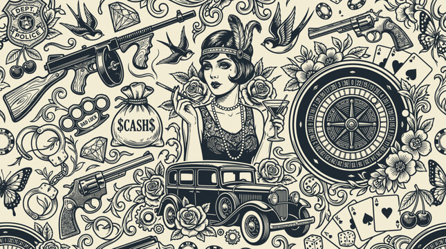 Retro Prohibition Era Gangster and Flapper Girl Tattoo Illustration. Vintage Mobster Elements including Tommy Gun, Roulette, Classic Car, and Revolver in Monochrome Style.