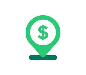 Obraz premium Flat icon of a location pin with a dollar symbol representing financial locations such as banks, ATMs, and payment points. Ideal for fintech apps, maps, and financial services UI.