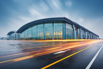 Fototapeta premium Modern transportation hub exhibits sweeping architectural design illuminated by dynamic light trails at dusk