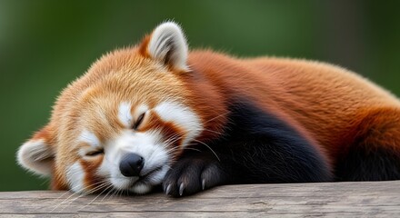 Obraz premium A sleeping red panda rests on a wooden log in soft natural light, suitable for wildlife editorial or conservation projects.