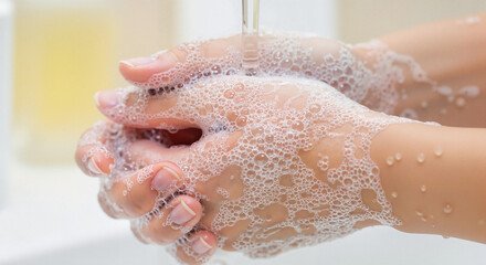 Fototapeta premium Hands washing with soap and water at bathroom sink 