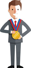Obraz premium Man proudly holding a gold medal, signifying personal victory and recognition.