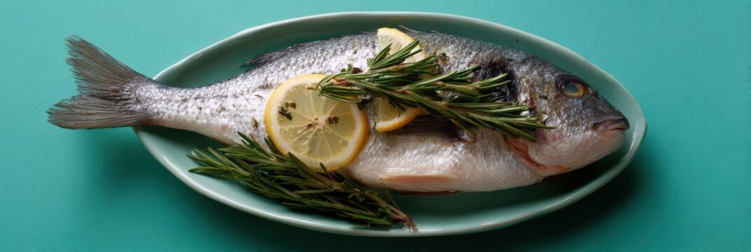 Raw fish with lemon and rosemary on teal platter plated whole seafood preparation for oven or grill fresh herb citrus styling for kitchen display