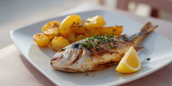 Pan roasted dorade with herb butter potatoes and lemon wedge on a square plate served outdoors casual seafood meal with chives