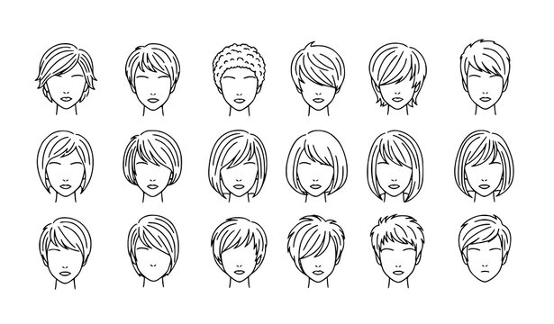 Minimal Bixie Cut Icon Set Short Hair Trend Female Hairstyle Outline Vector Collection