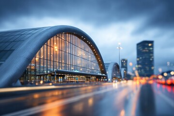 Naklejka premium Modern transportation hub features sweeping curved architecture illuminated against a dusky sky