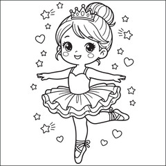 Fototapeta premium Charming ballerina girl with a crown surrounded by stars and hearts outline illustration