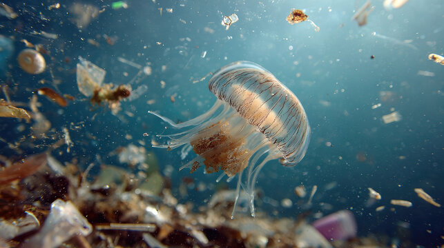 Jellyfish and Plastic Pollution: A haunting image of a translucent jellyfish gracefully navigating polluted water, surrounded by swirling plastic debris.