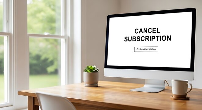 A modern desktop computer screen displaying an online service cancellation page on a wooden desk inside a sunlit home office workspace area