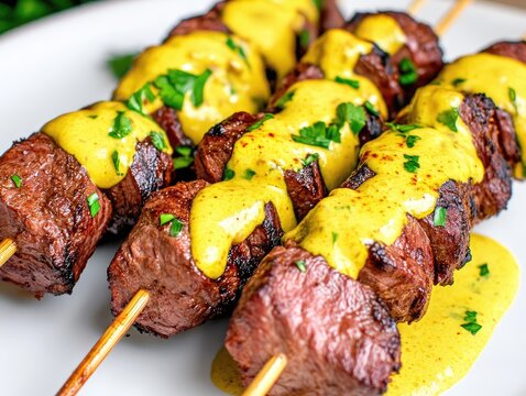 Grilled beef heart skewers topped with yellow sauce and fresh herbs served on a white plate, showcasing traditional Peruvian anticuchos cuisine