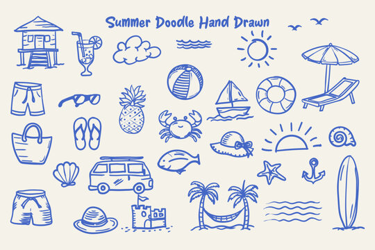 Summer doodle elements hand drawn set 