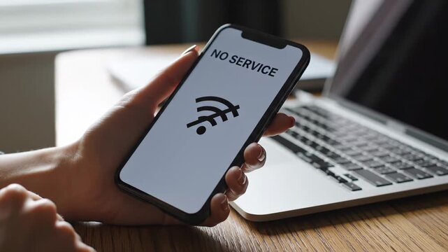This captures a person's hand holding a smartphone with a no service error screen, sitting next to a laptop on a wooden desk, conveying a sense of technical difficulties and frustration in a modern
