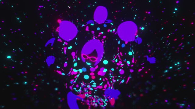 4K seamless VJ loop with dancing silhouettes in polka dot patterns and glowing accessories for VJ sets, high-tech club visuals, electronic music festivals, stage screens and for LED video walls.