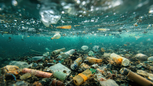 Underwater Waste: A stark depiction of marine pollution, with discarded plastic bottles and debris marring the underwater environment, highlighting the urgent need for environmental conservation.