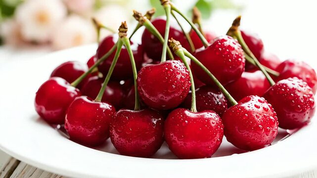 Fresh Cherries on a White Plate