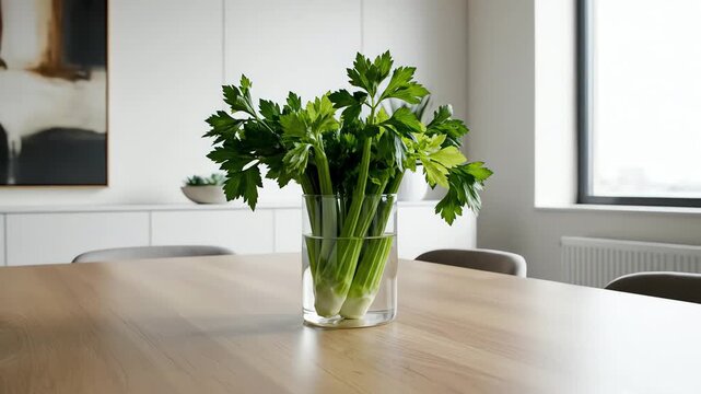 Fresh Celery Stalks in a Glass Vase on a Wooden Table