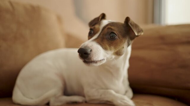 Aggressive Jack Russell Terrier Snarling and Baring Teeth on Sofa. A white and brown dog showing aggression, snarling with its mouth open and teeth visible