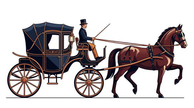 Vintage Horse-Drawn Carriage with Coachman Illustration. Elegant Victorian Era Transportation Design on White Background.