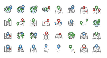 Obraz premium Colorful Outline Icons of Maps, Globes, and Location Pins for Global Navigation and Geographic Services on an Isolated White Background