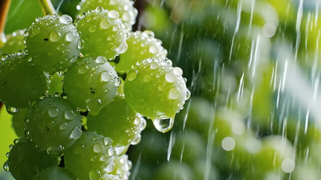 Fresh Grapes in Refreshing Rain Shower