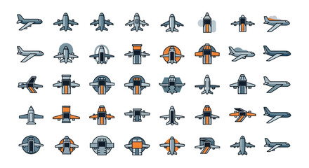 Fototapeta premium Large set of diverse airplane and drone icons on an isolated white background, representing aviation and aerial transportation.