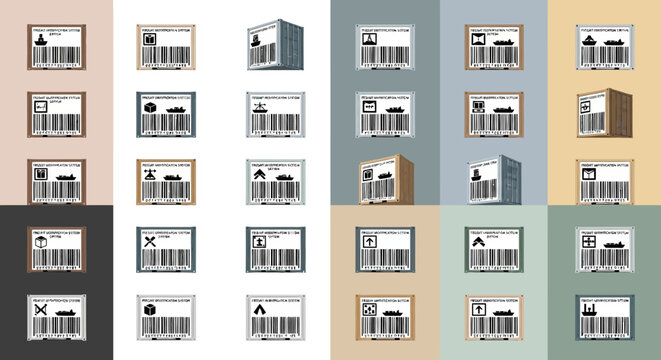 Comprehensive set of package icons featuring barcodes and shipping symbols on a grid of muted backgrounds, representing parcel tracking and identification.