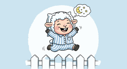 Obraz premium Cute cartoon sheep jumping in pajamas dreaming of moon.