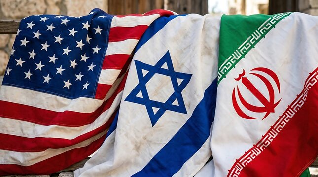 American Israeli Iranian flags draped together showing international relations and political alliance concerns in Middle East diplomacy and global conflict challenges and foreign policy dynamics.