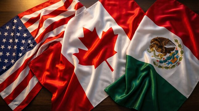USA Canada Mexico flags draped together on wooden surface symbol of North American trade relations and cooperation agreements between countries.