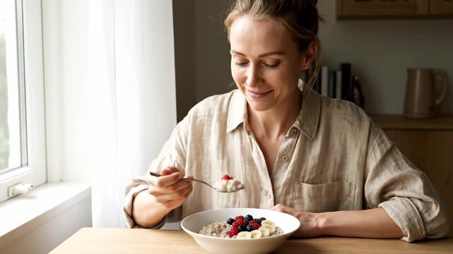 Authentic woman enjoying healthy oatmeal porridge breakfast with fresh fruit in bright kitchen