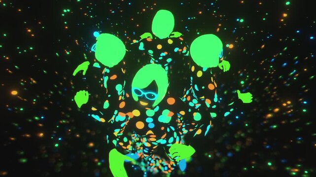 4K seamless VJ loop with dancing silhouettes in polka dot patterns and glowing accessories for VJ sets, high-tech club visuals, electronic music festivals, stage screens and for LED video walls.